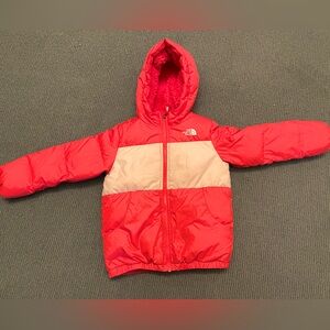The North Face Girls 6T Down Sherpa lined puffer with hood.